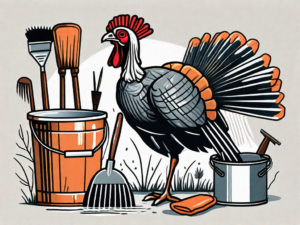 A wild turkey next to an array of cleaning tools like a feather plucker