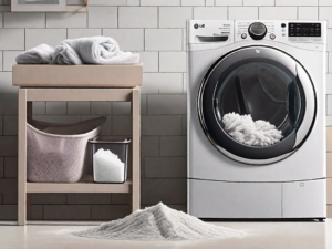 An lg front load dryer with its lint filter pulled out and a small pile of lint next to it