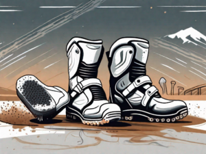 A pair of dirty motocross boots with cleaning tools like a brush