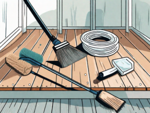 A deck with a variety of cleaning tools like a broom