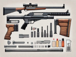 A disassembled marlin .22 semi auto rifle with its various parts neatly arranged and a cleaning kit nearby