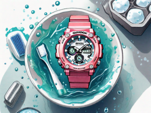 A g-shock watch submerged in a bowl of soapy water with a soft toothbrush nearby