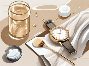 A gold-plated watch being gently cleaned with a soft cloth and a small brush