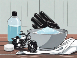 A pair of leather motorcycle gloves next to a bowl of soapy water and a soft cloth