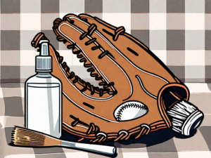 A baseball glove with a cleaning brush and a bottle of leather cleaner next to it