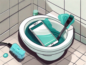 A smartphone partially submerged in a toilet bowl