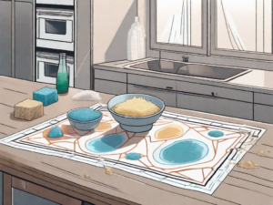 A yu-gi-oh! playmat laid out flat with a small bowl of soapy water