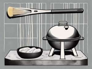 A kamado joe soapstone grill with cleaning tools such as a brush and a sponge nearby