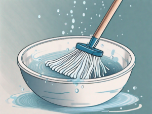 A roborock mop cloth immersed in a bowl of soapy water with a brush nearby