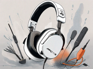 Arctis 7 headphones with the ear pads detached and cleaning tools like a soft brush and a damp cloth nearby