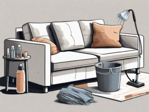 An ikea friheten sofa bed with various cleaning tools like a vacuum