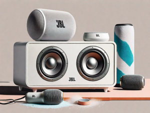 A jbl speaker flip 5 surrounded by cleaning materials like a soft cloth