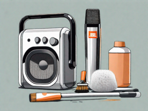 A jbl clip 3 speaker surrounded by cleaning tools like a soft cloth