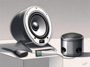 A klipsch speaker with one of its woofers removed and cleaning tools nearby