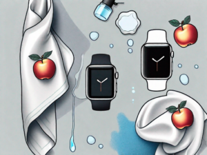 An apple watch being gently cleaned with a soft cloth and a small spray bottle of cleaning solution nearby