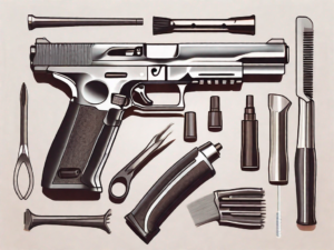 A disassembled firearm with its cleaning tools laid out neatly on a clean