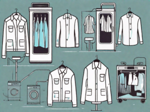 A dry cleaning machine with various types of clothing items showing before (with stains) and after (stain-free) images