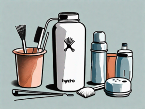 A hydro flask with its straw lid detached and being cleaned with a brush