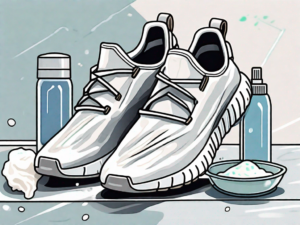 A pair of triple white yeezys surrounded by cleaning supplies like a brush