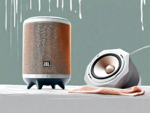 A jbl speaker with a small brush and a damp cloth next to it