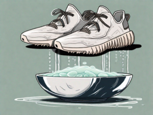 A pair of yeezy sneakers with the laces removed