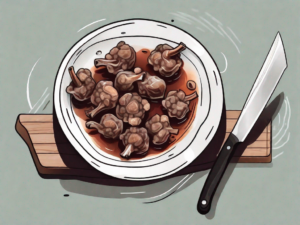 Clean oxtails soaking in a bowl of water with a scrub brush and a cutting board with a knife nearby