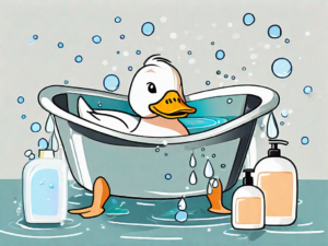 A duck in a small tub filled with water and bubbles