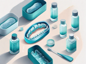 A set of invisalign aligners soaking in a cleaning solution with a soft toothbrush resting beside them