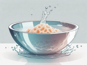 An invisalign aligner submerged in a bowl of water with baking soda particles visibly dissolving around it