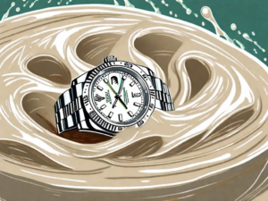 A rolex watch partially submerged in soapy water with a soft bristle brush gently scrubbing its surface