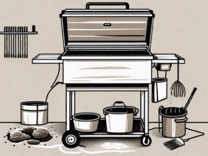 A traeger grill with its grease trap removed and cleaning tools such as a brush and soapy water nearby