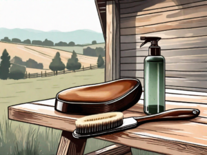 A saddle with a brush and a bottle of saddle soap next to it