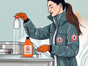 A canada goose jacket being gently cleaned with a soft brush and a bottle of mild detergent nearby