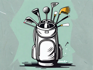 A golf bag with cleaning supplies like a brush