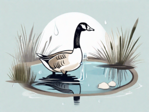 A goose in a pristine pond with a cleaning kit including a soft brush