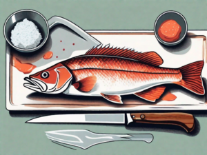 A redfish on a cutting board with a knife nearby