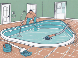 A pool cover being cleaned with a brush and hose