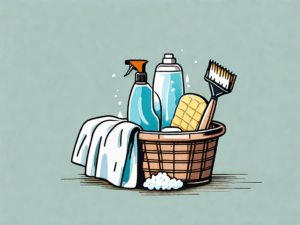 A wicker basket filled with cleaning supplies like a sponge