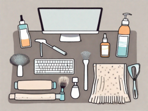 A desk mat with various cleaning tools like a sponge