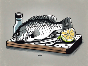 A crappie fish on a cutting board with a knife